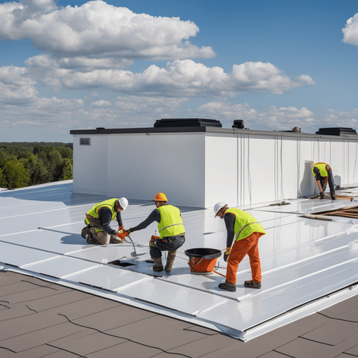 commercial roofers working on a two story commercial building flat roof