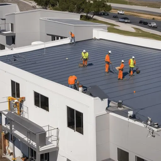commercial roofers working on a two story commercial building flat roof