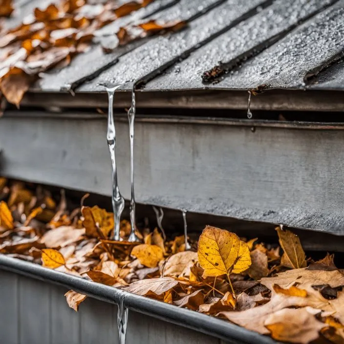 gutters clogged with leaves overflowing with water