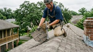 Roofer performing roof repair in New Orleans on a storm-damaged shingle roof