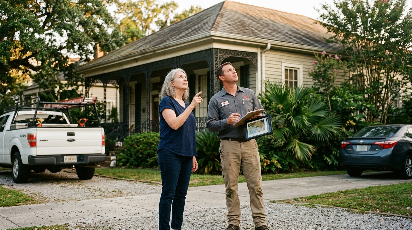 Contractor and homeowner reviewing a roof repair estimate in New Orleans