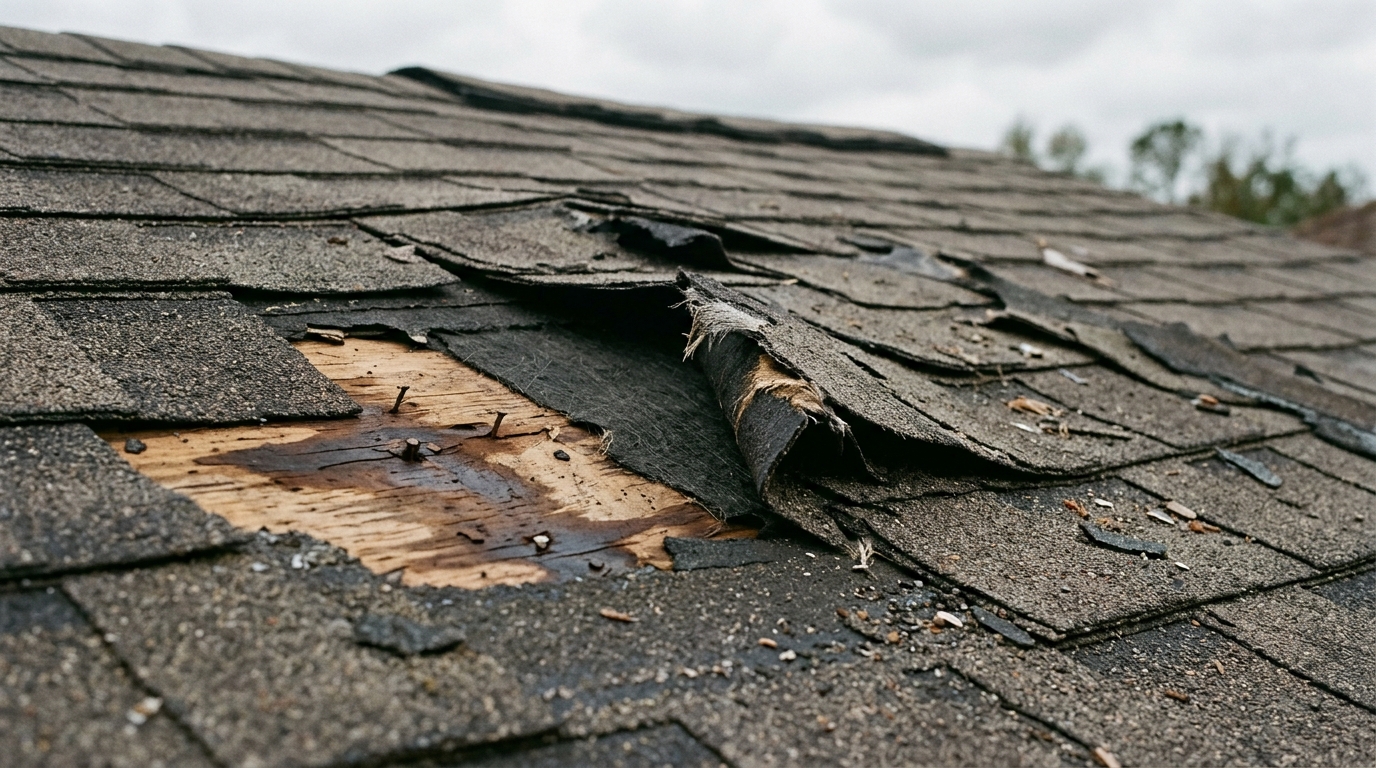 Storm-damaged shingles needing roof repair in a New Orleans neighborhood